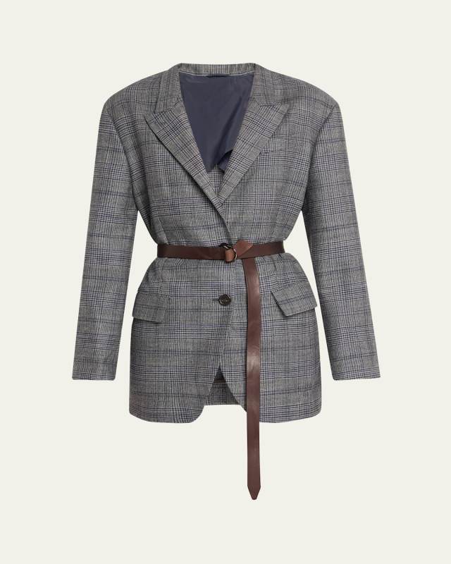 Belted Wool Prince Of Wales Single-Breasted Blazer Jacket